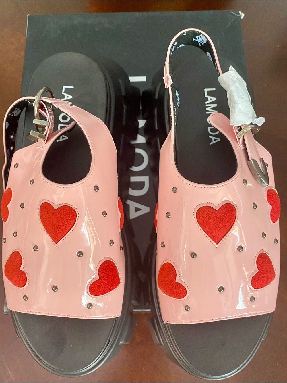LaModa Pink Chunky Platform Sandals with Red Heart Accents - Picture 3 of 16
